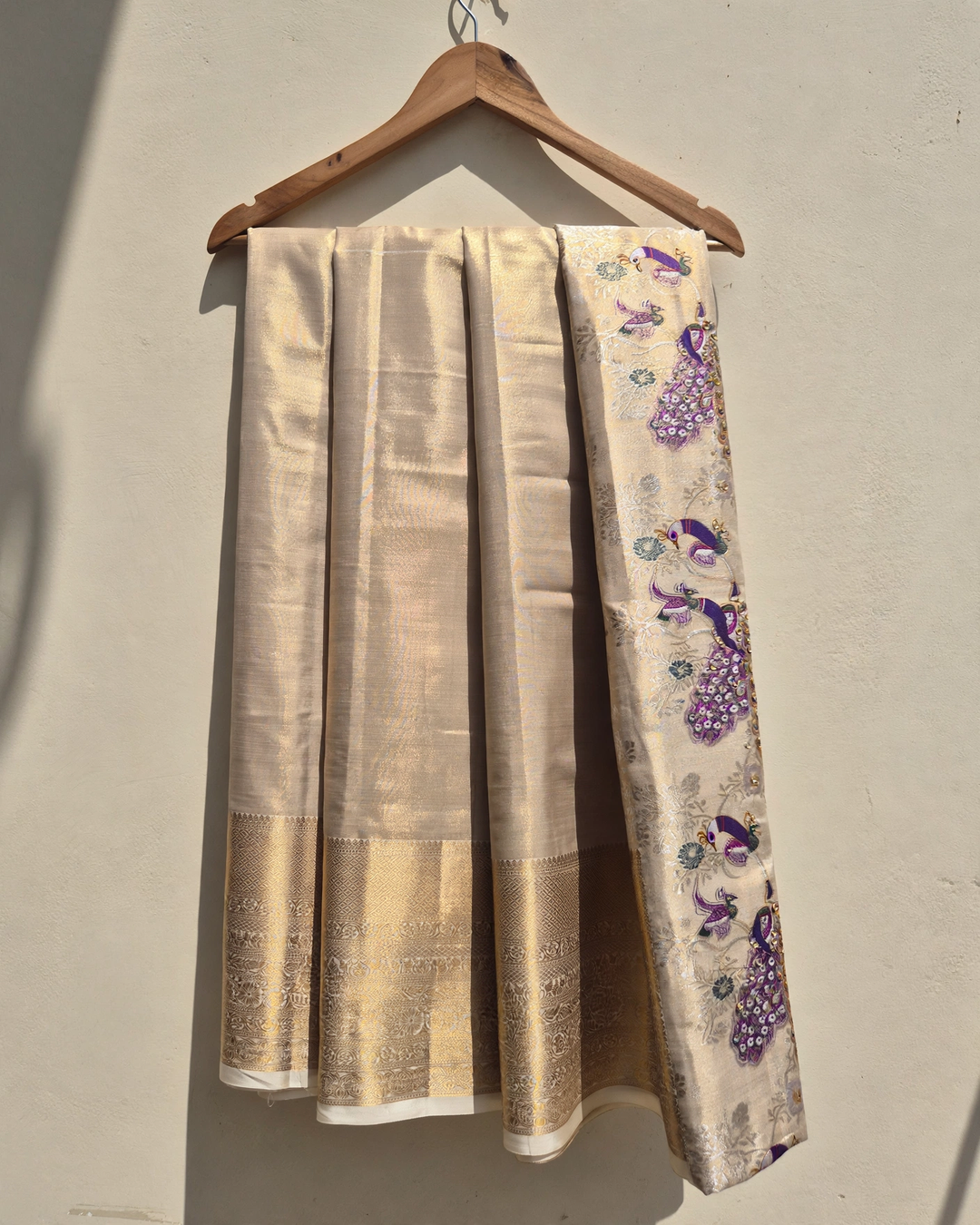 Antique Gold Peacock & Flora Semi Silk Saree