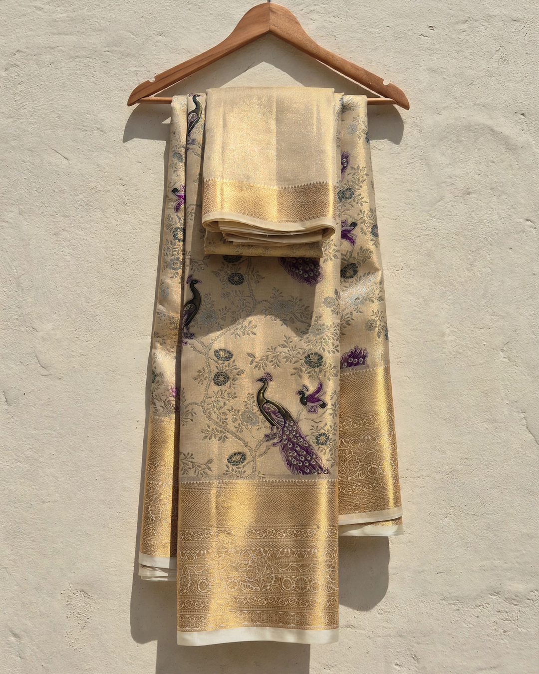 Antique Gold Peacock & Flora Semi Silk Saree