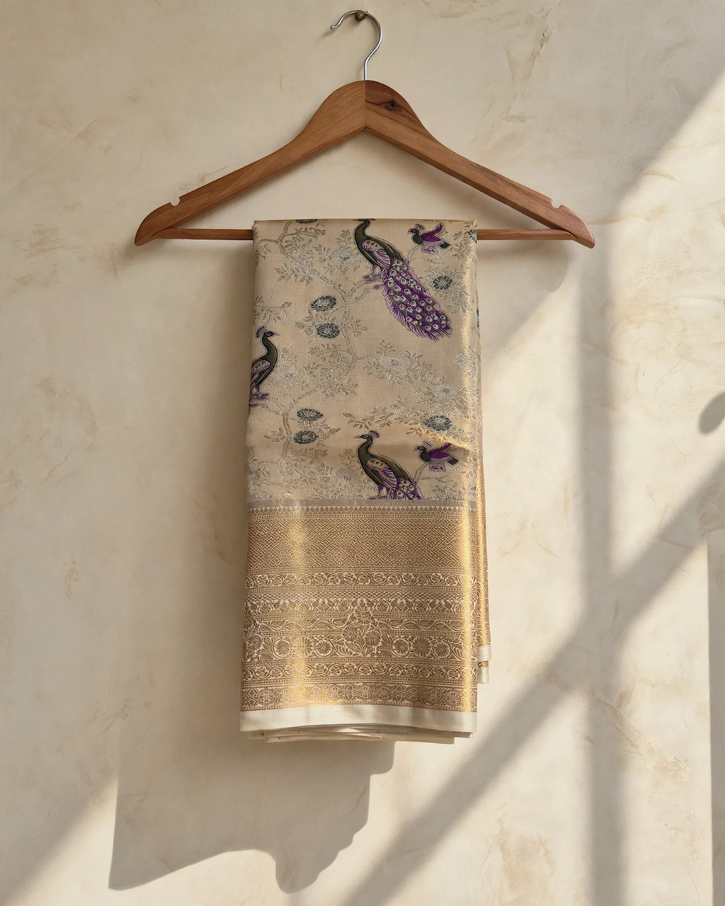 Antique Gold Peacock & Flora Semi Silk Saree