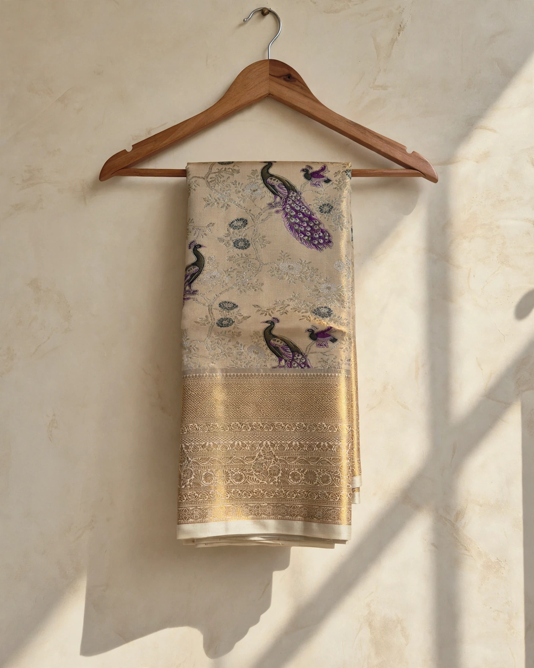 Antique Gold Peacock & Flora Semi Silk Saree
