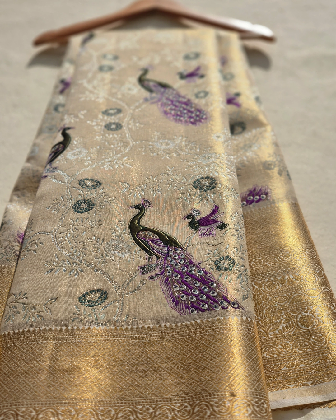 Antique Gold Peacock & Flora Semi Silk Saree